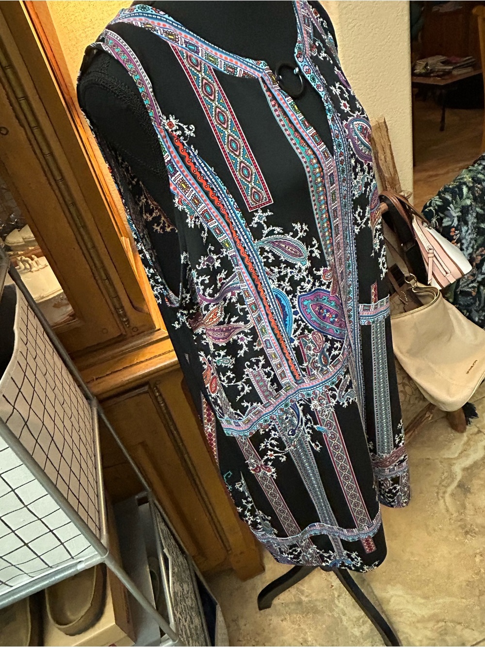 Nicole by Nicole Miller XL Paisley Tunic Dress Black Multicolor Boho Sleeveless - Picture 3 of 6